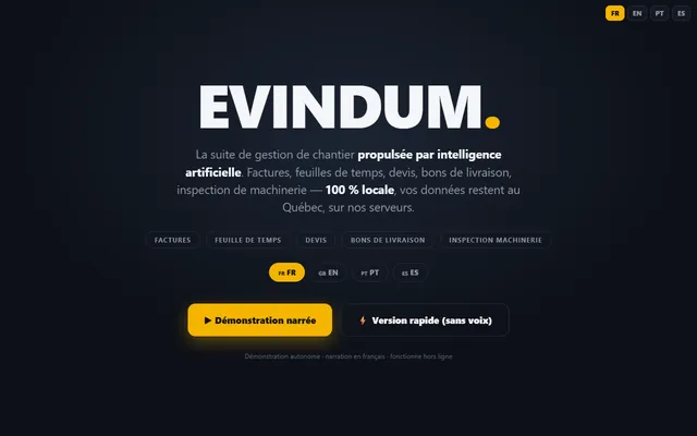Écran réel de la démonstration narrée : titre EVINDUM, boutons « démonstration narrée » et « version rapide », choix de quatre langues
