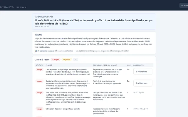 Écran réel de l'analyseur : le rapport d'un appel d'offres, avec l'échéance de dépôt, le résumé et les clauses à risque classées rouge et jaune