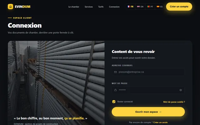 Écran réel de l'espace client : page de connexion avec le choix de langue français, anglais, portugais et espagnol