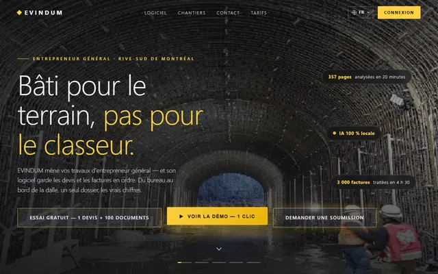 Écran réel du site du logiciel de chantier : page d'accueil avec le titre « Bâti pour le terrain, pas pour le classeur » et les boutons d'essai et de démonstration